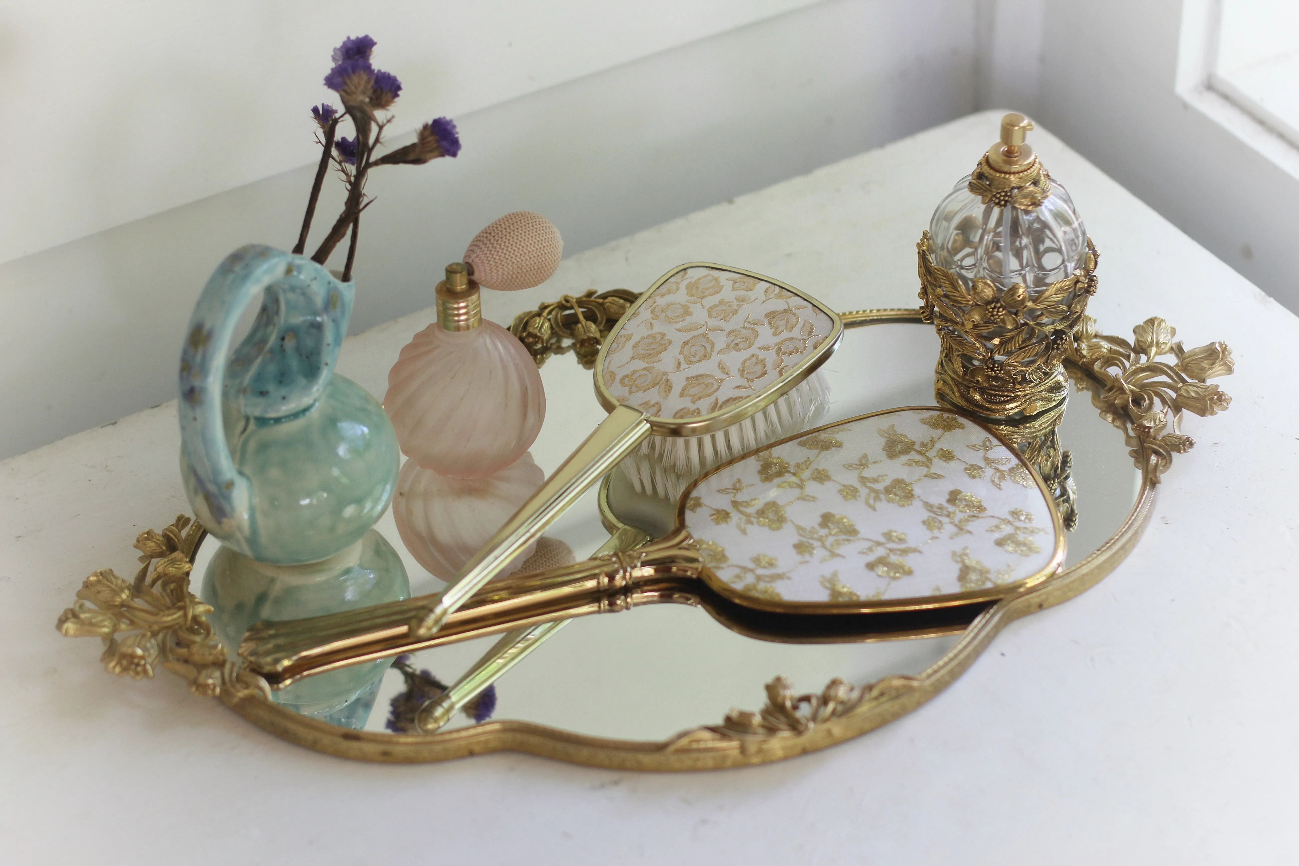 Antique Brocade Gold Floral Vanity Set