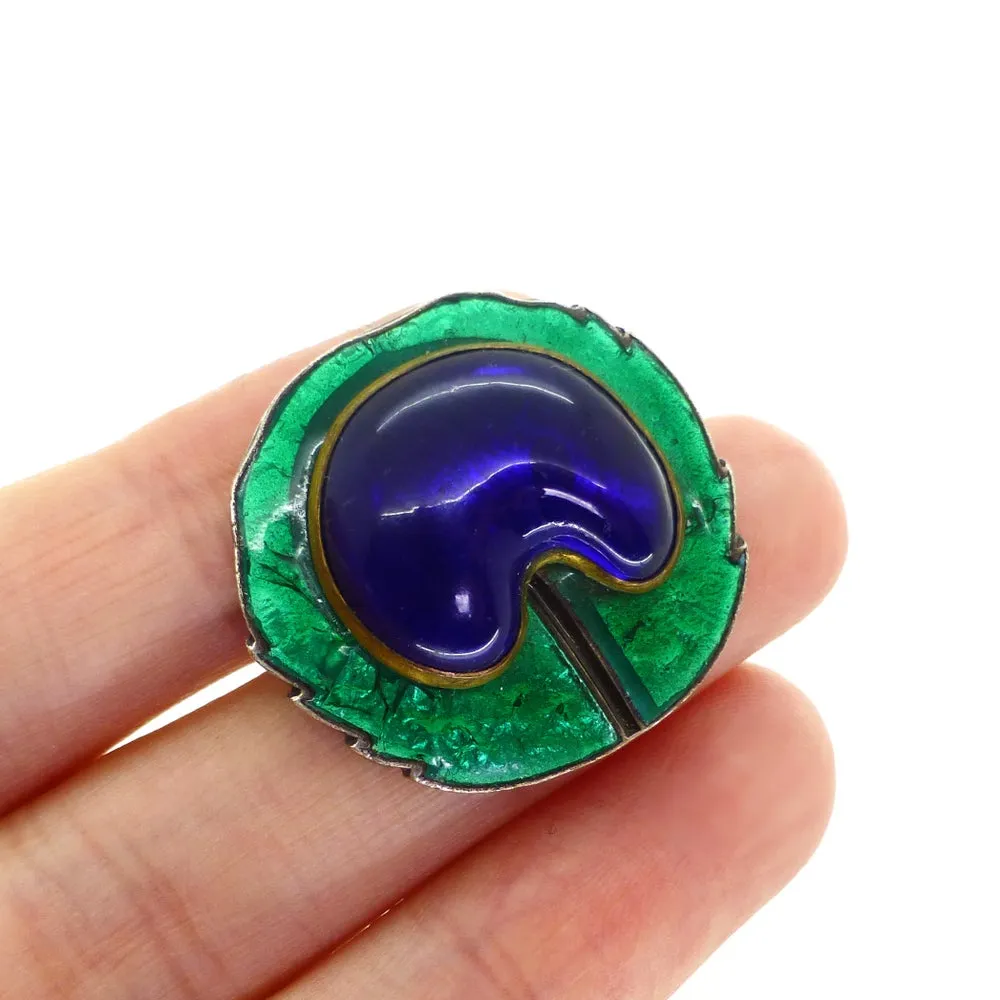 Antique French Art Nouveau Piel Frères Blue & Green Foiled Glass Peacock Glass Brooch