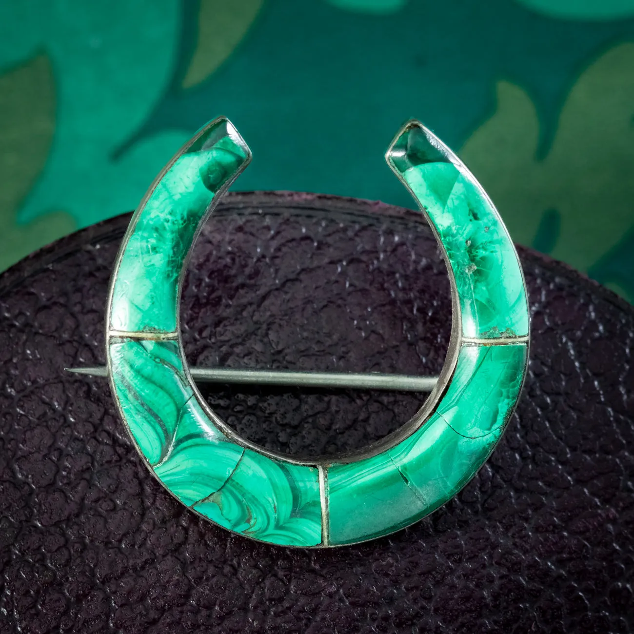 Antique Victorian Scottish Malachite Horseshoe Brooch Silver Circa 1860