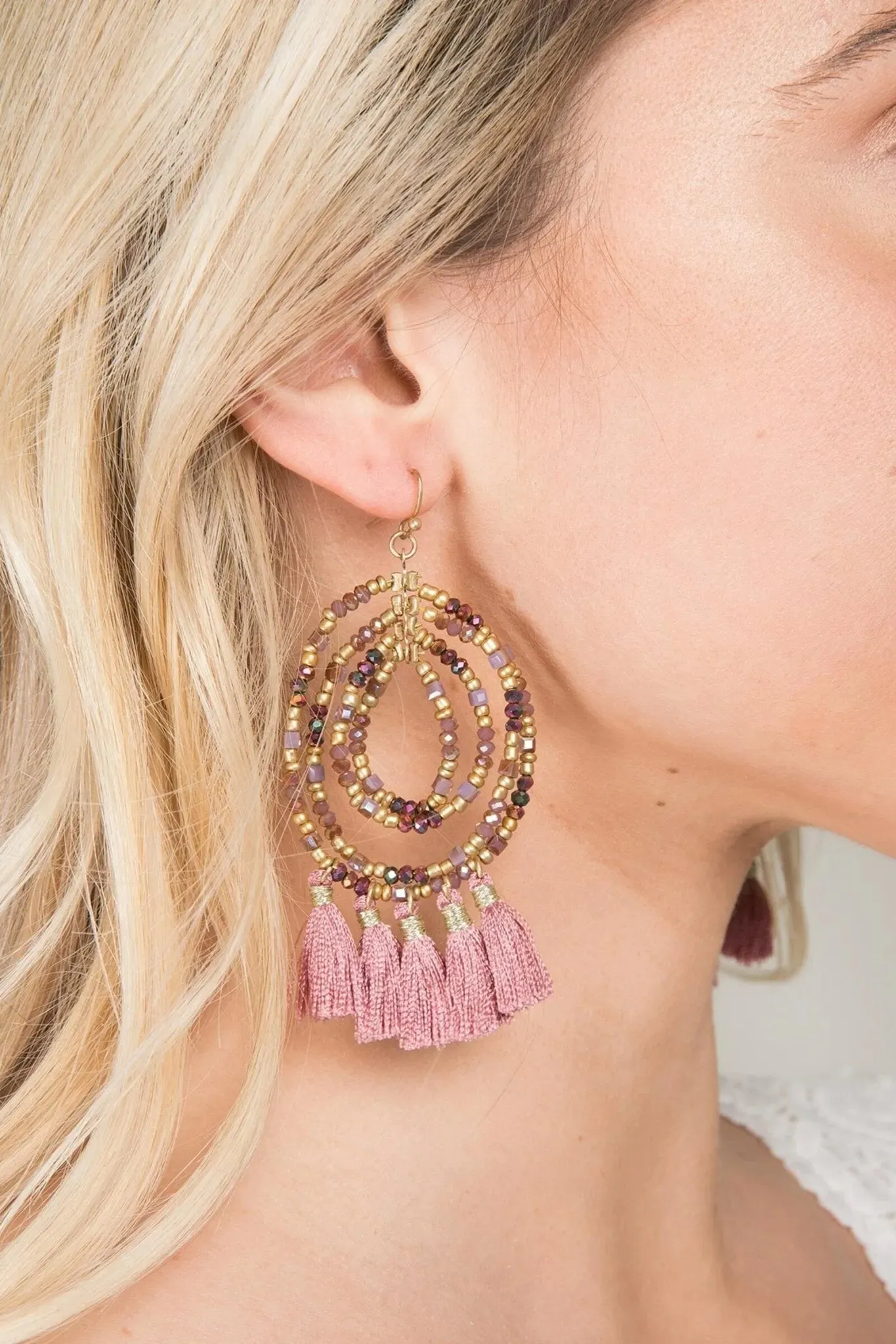 Beaded Tassel Hoop Earrings