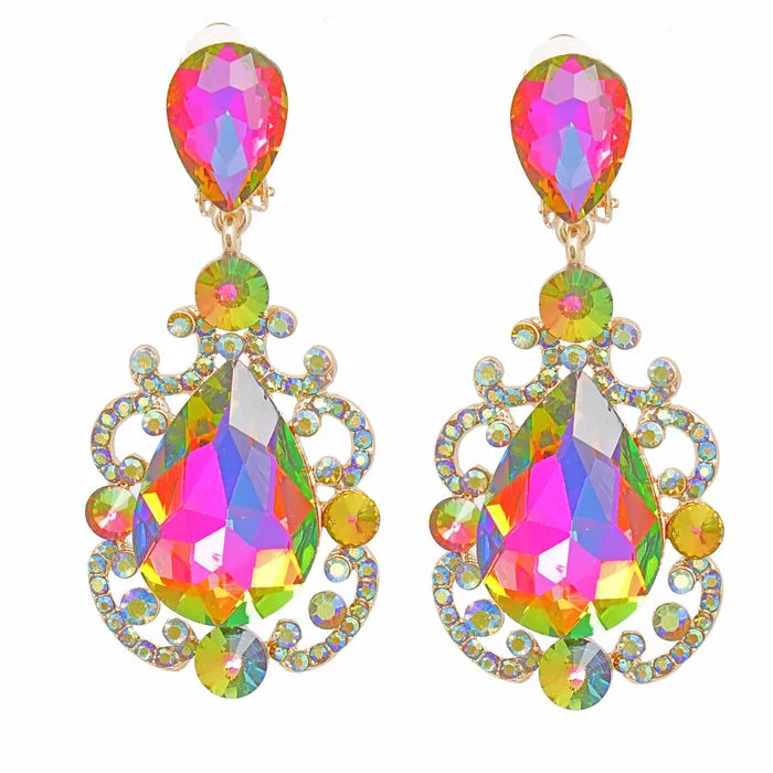 Clip On Pink Green Medium Crystal Earrings Women