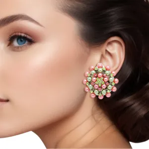 Clip On Pink Green Small Pearl Earrings for Women