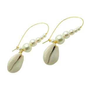 Cowrie Shell Charm Pearl Hoop Earrings