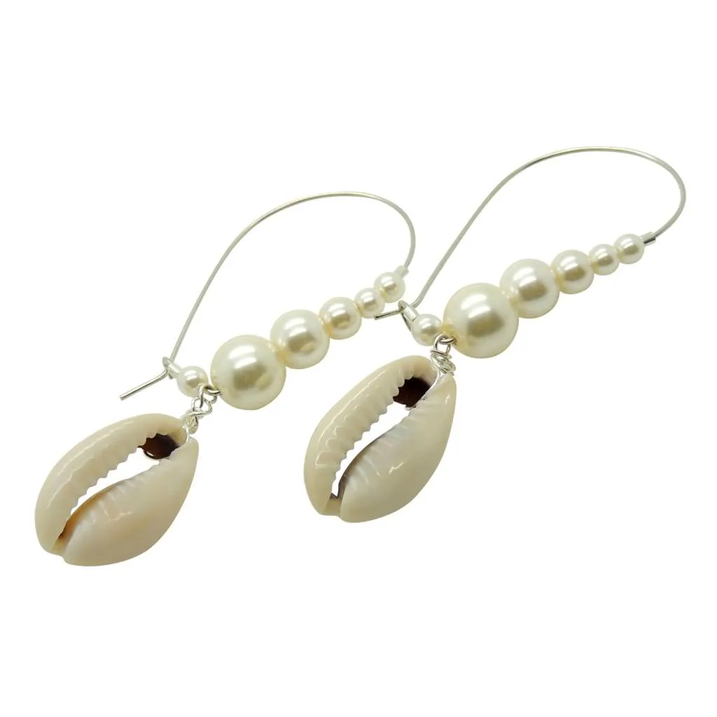 Cowrie Shell Charm Pearl Hoop Earrings