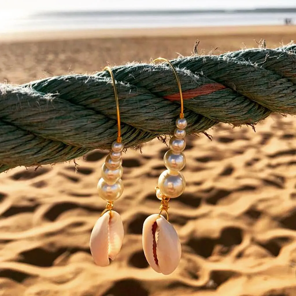 Cowrie Shell Charm Pearl Hoop Earrings