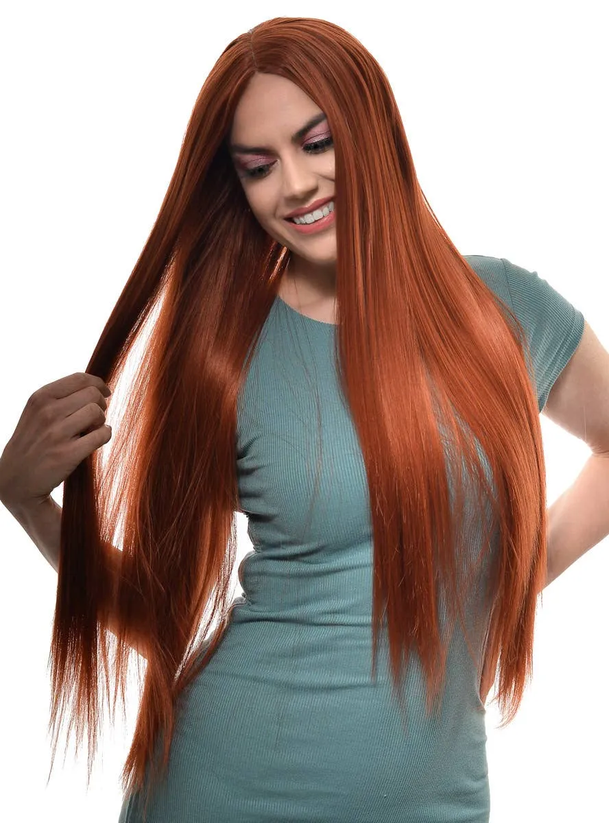 Extra Long Straight Ginger Synthetic Fashion Wig with Lace Part