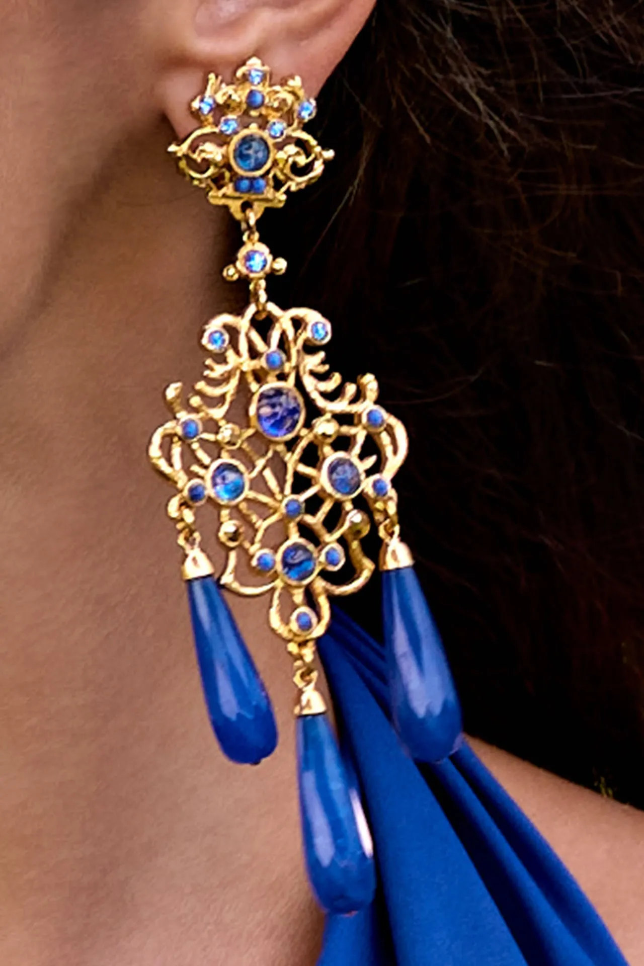 Gold Scroll Earrings with Cobalt Blue Drops 120