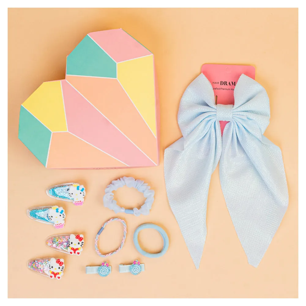 Hair Drama Co Sparkle & Shine Gift Box with 1 Shimmer Hair Bow, 6 Hair Pins & 3 Hair Ties - Sky Blue