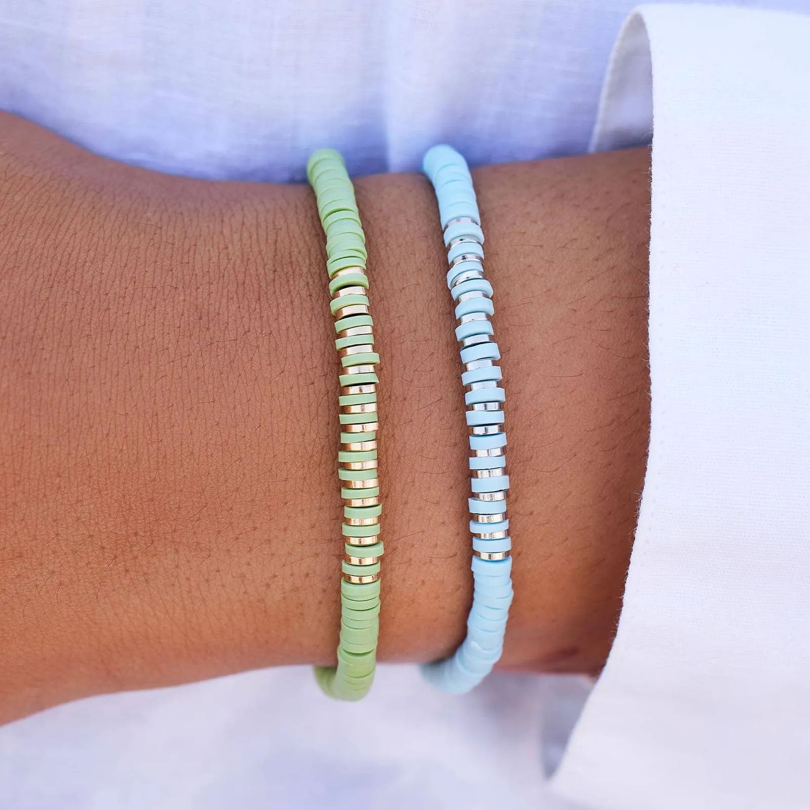 Heishi Disc & Metal Bead Stretch Bracelet