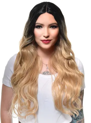 Honey Blonde Rooted Womens Lace Part Wavy Fashion Wig