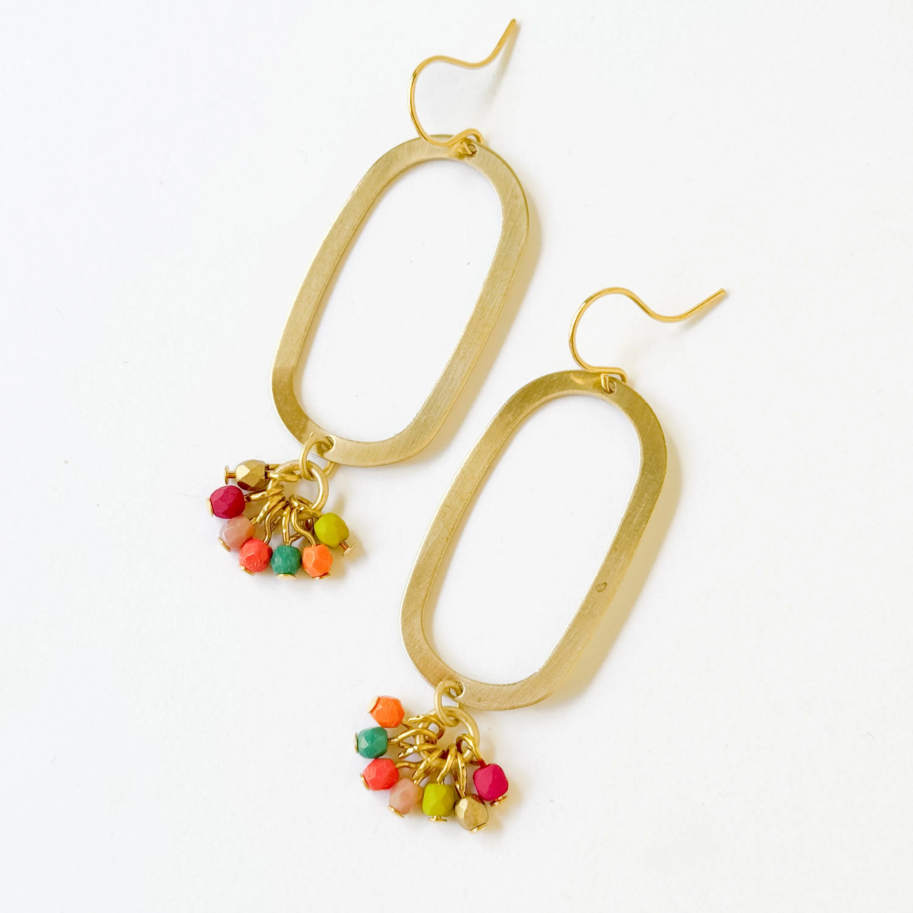 Long Oval Brass Earrings With Tiny Colorful Beaded Clusters - WS