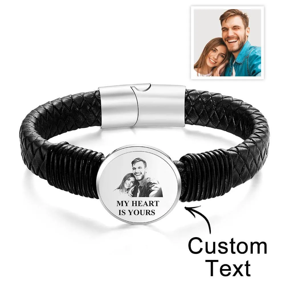 Men's Personalized Engraved Photo Braided Leather Bracelet