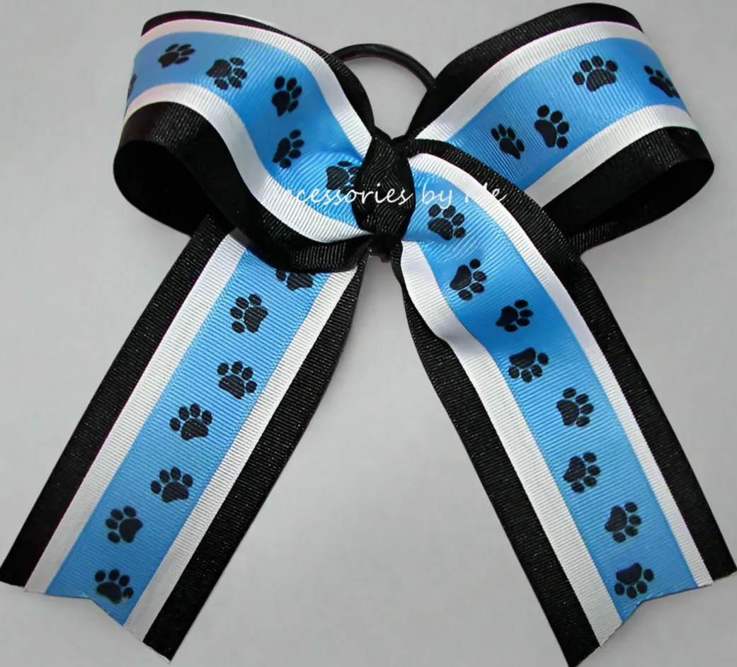 Paw Print Blue Black Ponytail Cheer Bow