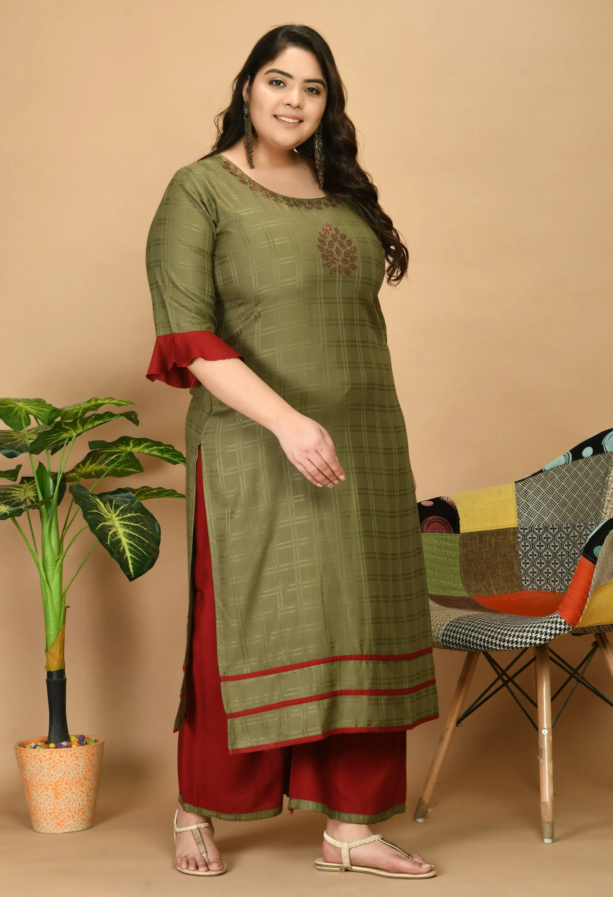 Plus Size Plus Size Self Design Kurta Palazzo Set