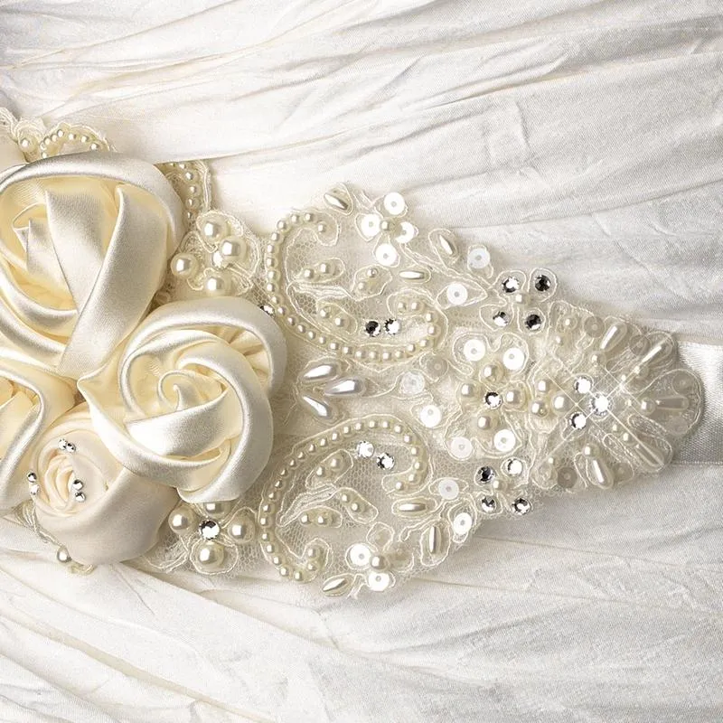 Satin Flowers & Crystals on Lace Bridal Belt