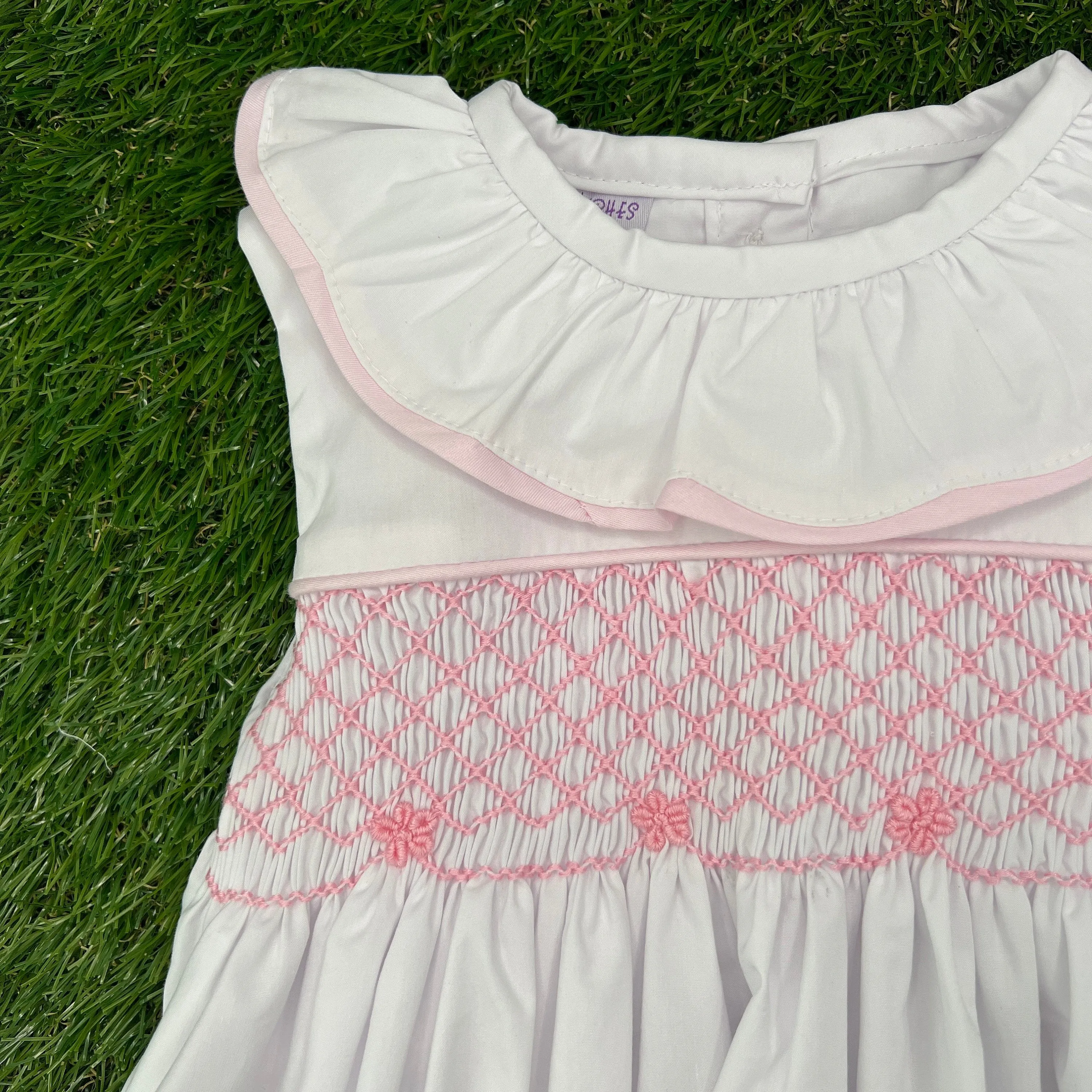 Smocked Toulouse Dress White with Ruffle Collar