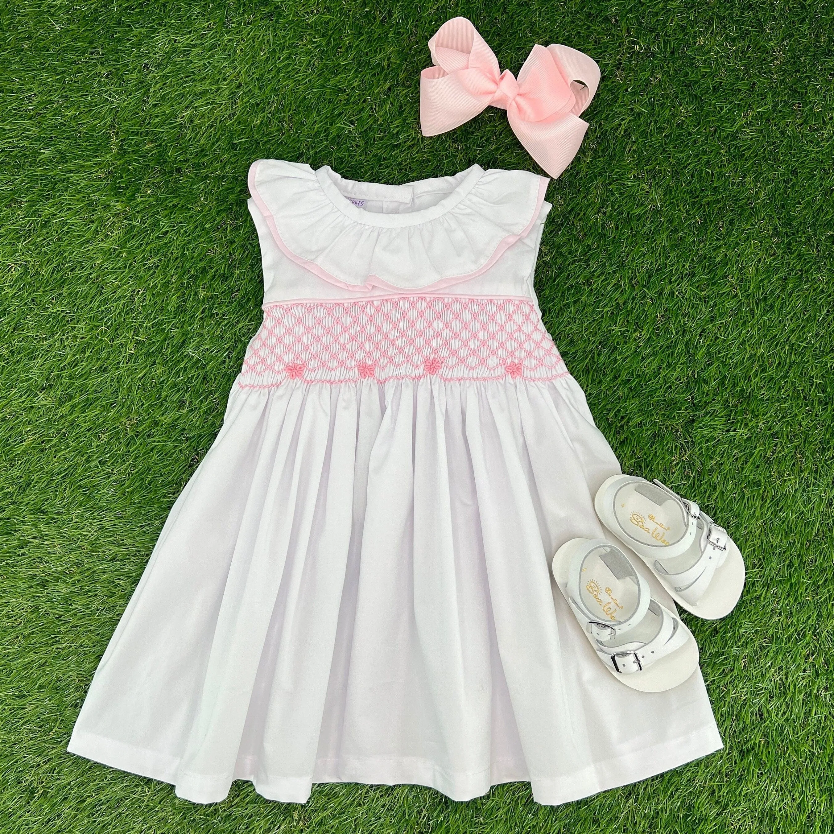 Smocked Toulouse Dress White with Ruffle Collar