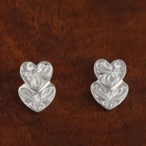 Sterling Silver Double Heart Hawaiian Scroll Post Earrings