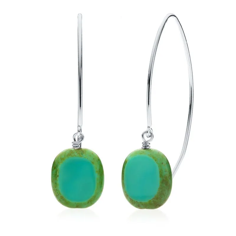 Turquoise Glass Oval Drop Sterling Silver Wishbone Earrings