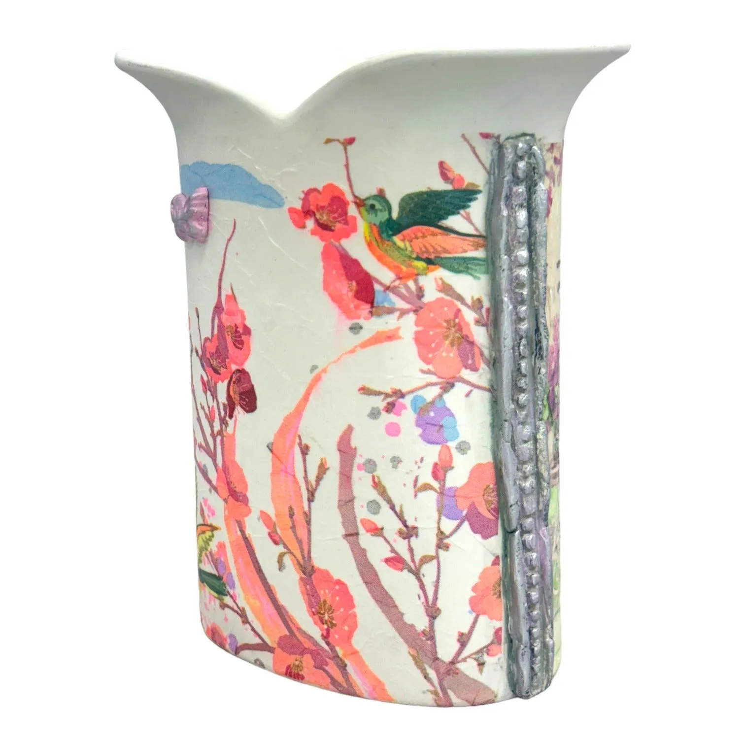 Up-Cycled Tulip Ceramic Italian Vase With Decoupage and Hand Painted & Moulded Clay