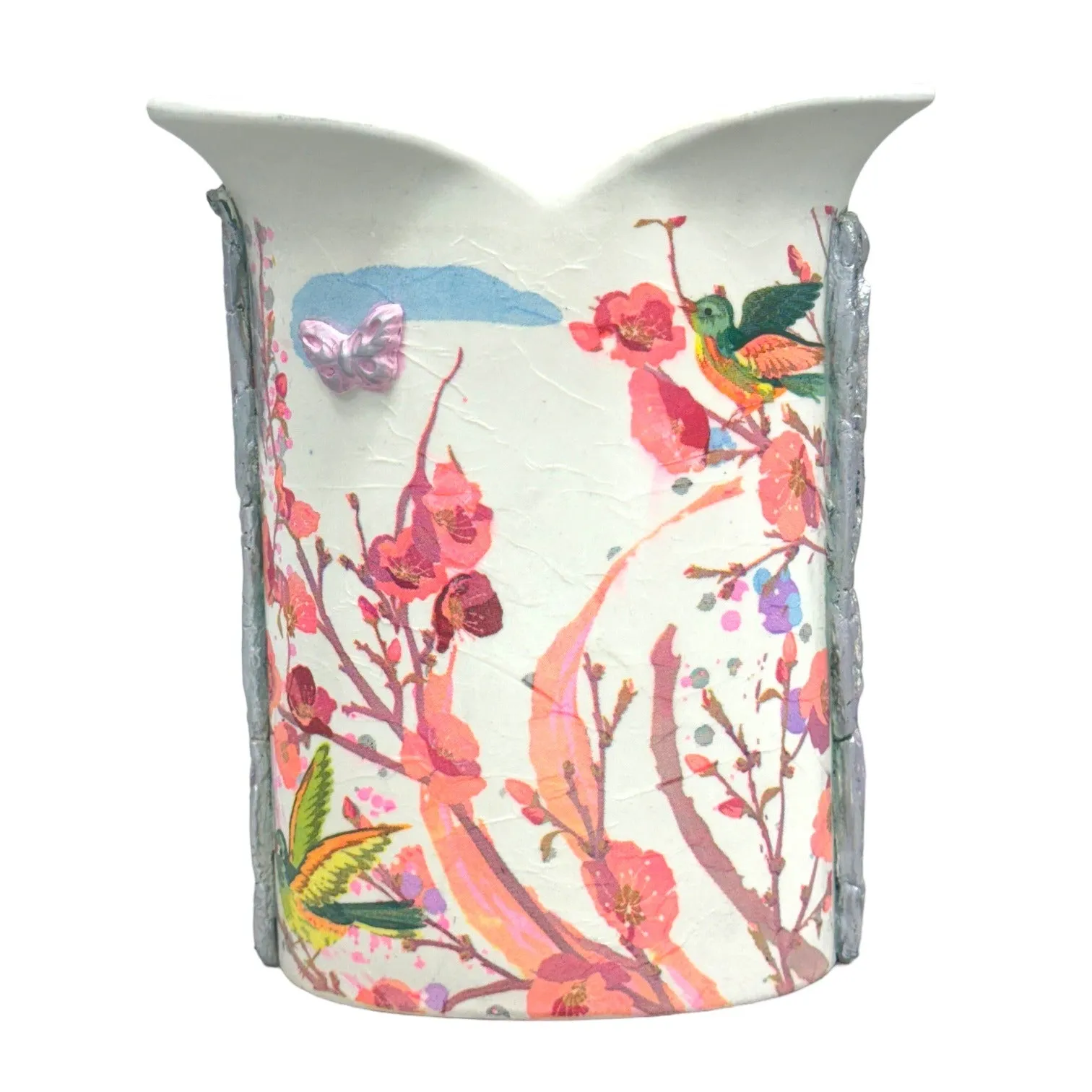 Up-Cycled Tulip Ceramic Italian Vase With Decoupage and Hand Painted & Moulded Clay