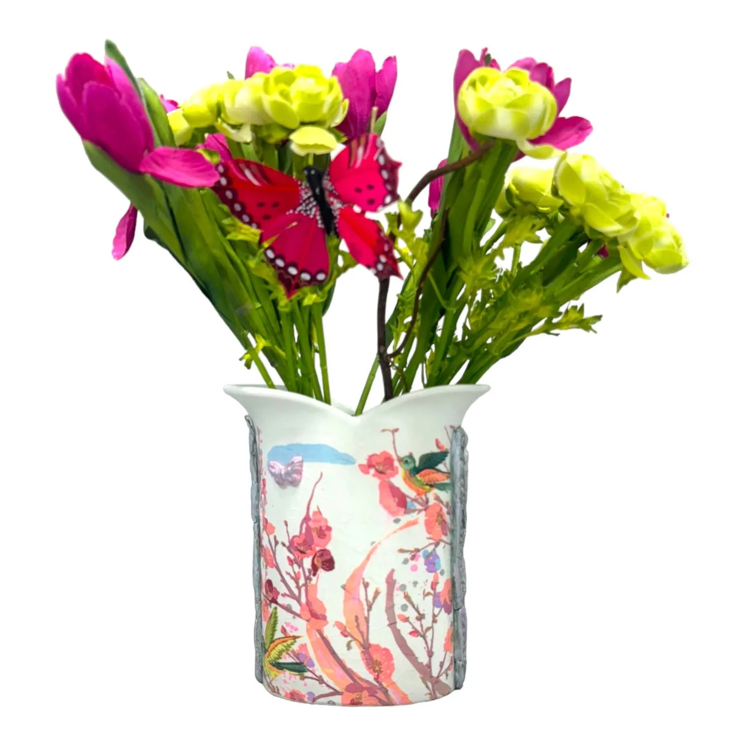 Up-Cycled Tulip Ceramic Italian Vase With Decoupage and Hand Painted & Moulded Clay