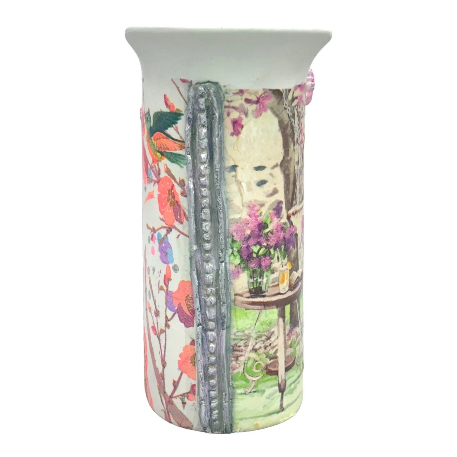 Up-Cycled Tulip Ceramic Italian Vase With Decoupage and Hand Painted & Moulded Clay