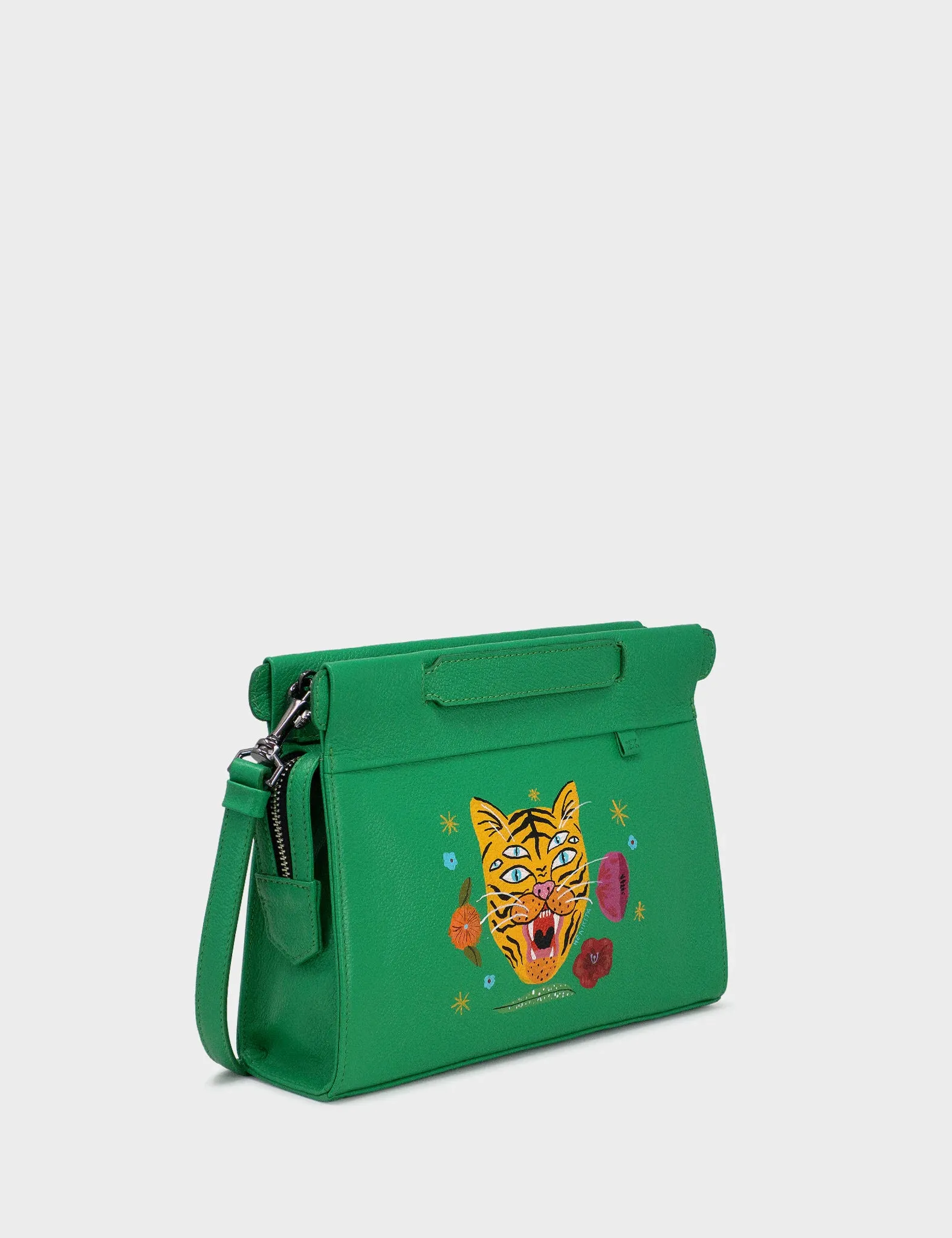 Vali Green Leather Crossbody Handbag - Hand Painted