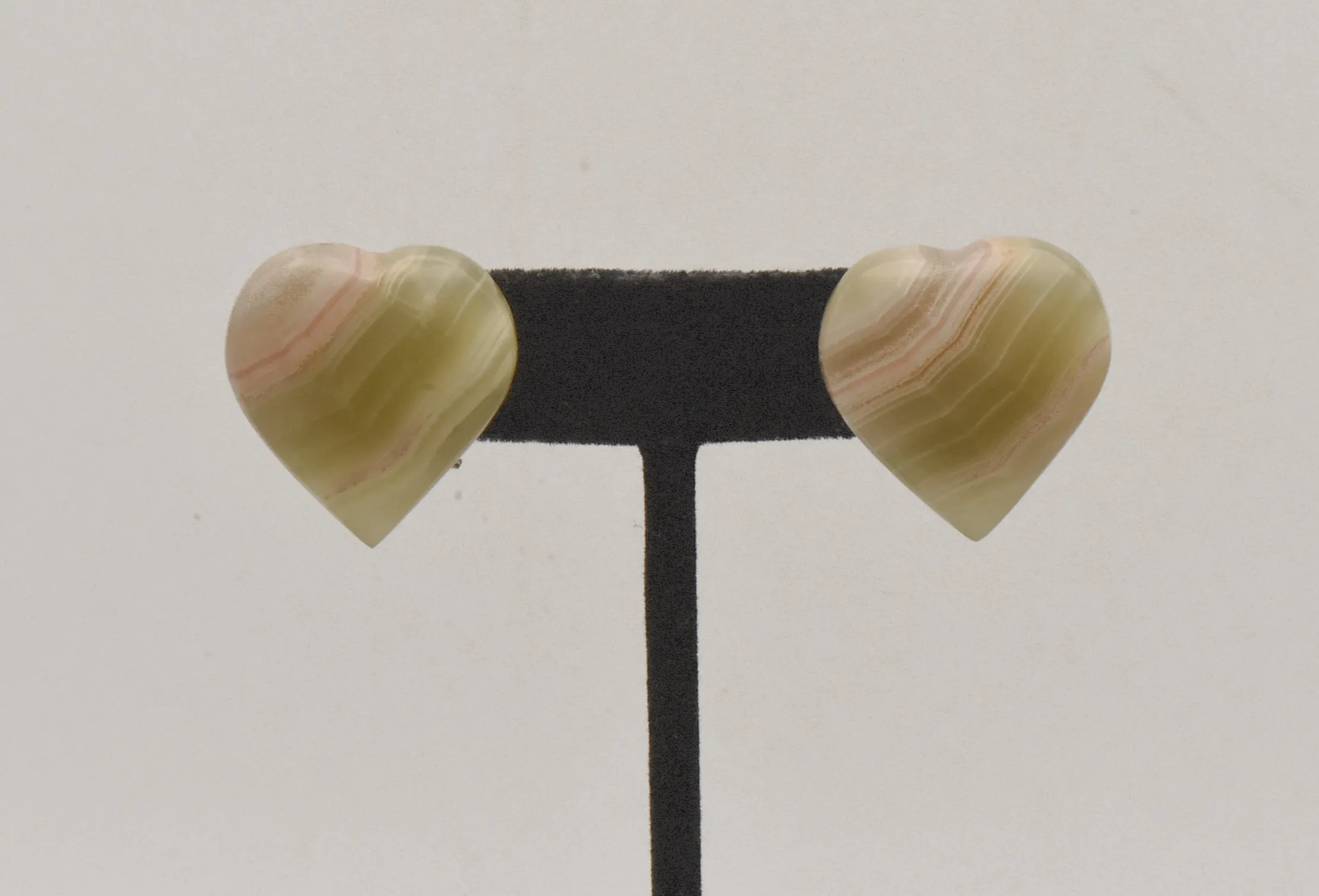 Vintage Carved Green Onyx Heart Clip On Earrings