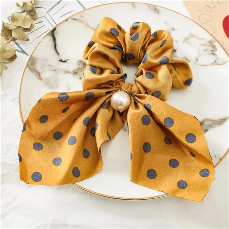 Wenkouban Fashion Hair Scrunchies Jewelry Ponytail Holder Bow Elastic Hair Accessories For Women Scarf Bow Tie Hair Band Ribbon Headwear